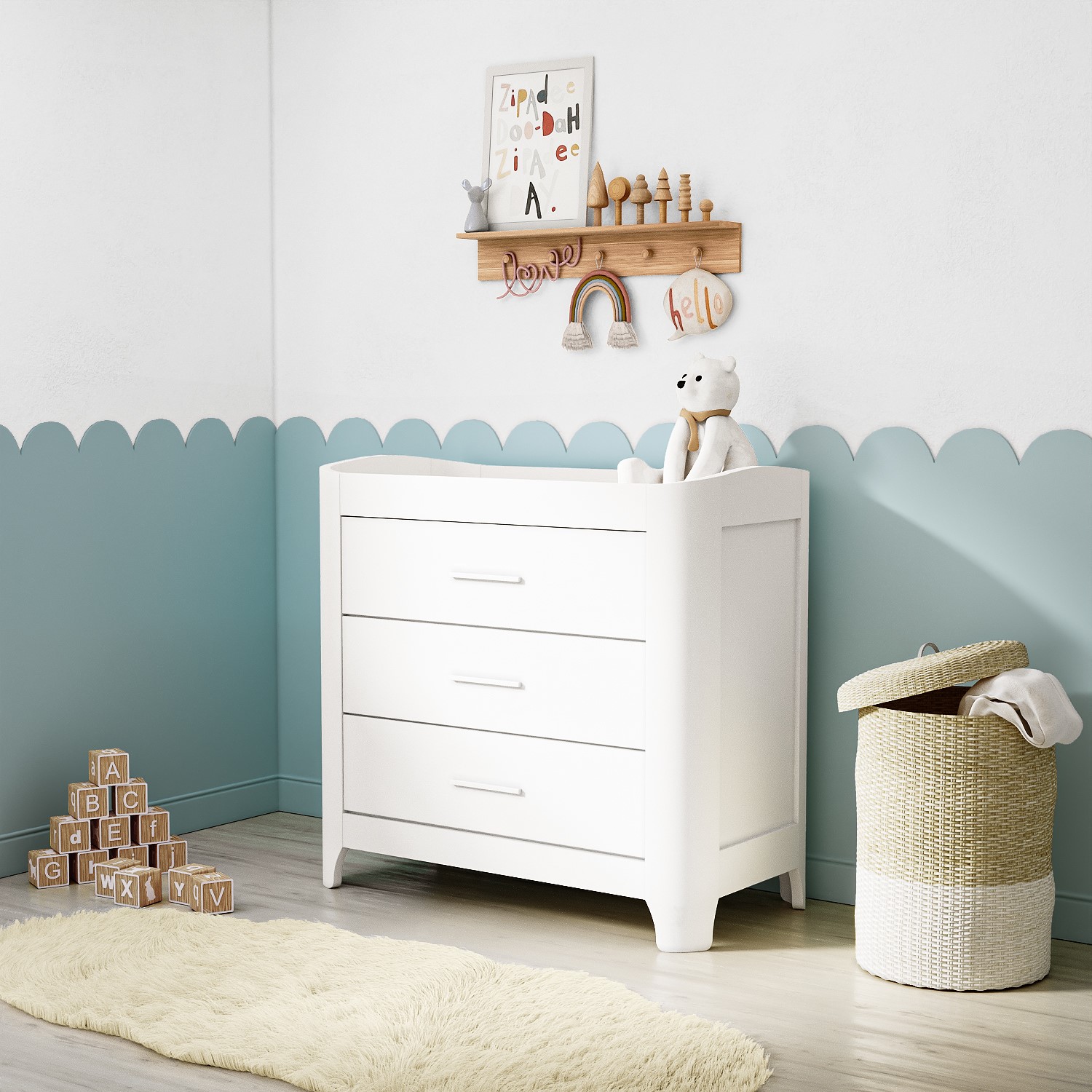 Read more about White pine wood changing unit with 3 drawers and curved edges shiloh
